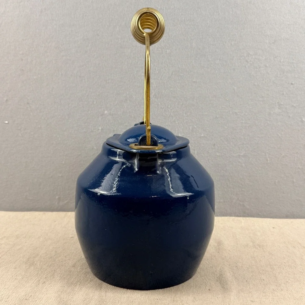 MCM‎ Blue Enamel Cast Iron Teapot Spring Handle Quistgaard Style Danish Modern